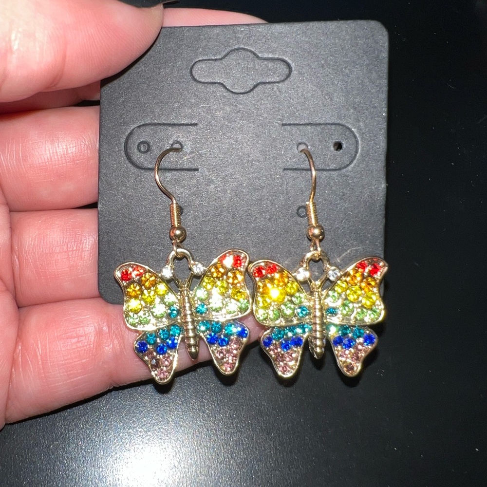 Gold rainbow butterfly dangle earrings